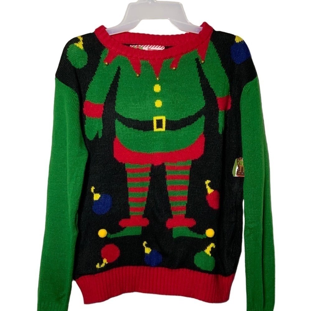 Ugly Christmas Sweater Knit Crewneck Elf Jingle Bells Women Green Red Size M
